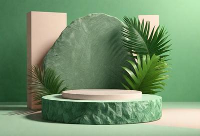 The primary subject of the image is a large, round, stone-like structure with a green surface. The setting is a lush green environment, possibly a tropical or jungle-like area. The visual style appears to be a combination of photo and digital art, creating a unique and intriguing scene. The colors and mood of the image are predominantly green, which adds to the natural and serene atmosphere of the scene.
